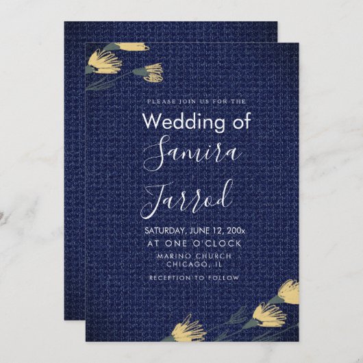 Faire-part de mariage Denim décontracté et Fleurs  (Devant / Derrière)