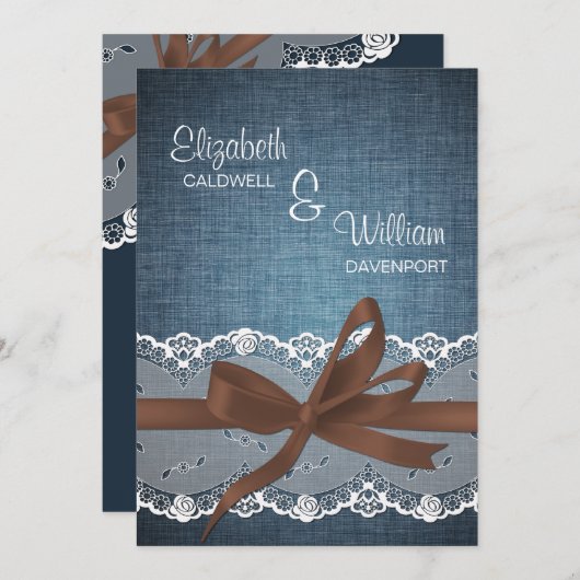 Faire-part de mariage Denim Lace Ribbon & Bow (Devant / Derrière)