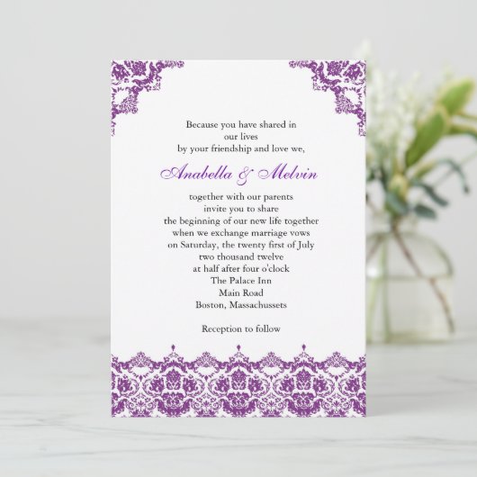 Faire-part de mariage dentelle violette (Debout devant)