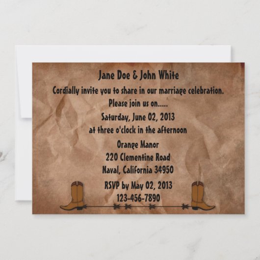 Faire-part de mariage des bottes de cowboy (Dos)