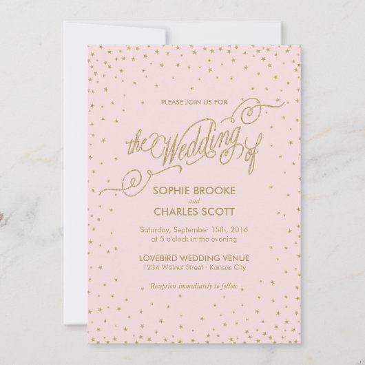 Faire-part de mariage des étoiles roses et or fant (Devant)