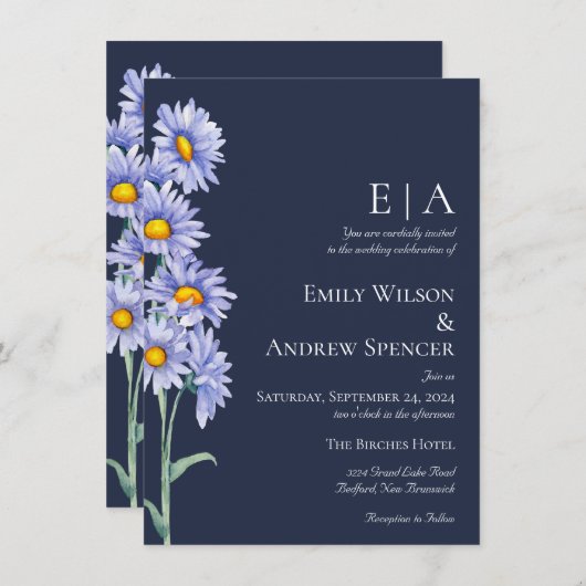 Faire-part de mariage des fleurs d'aster bleu de l (Devant / Derrière)