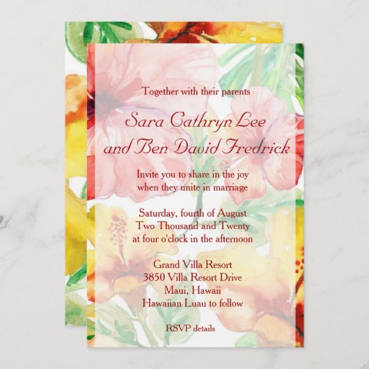 Faire-part de mariage des fleurs d'Hibiscus d'aqua (Devant / Derrière)