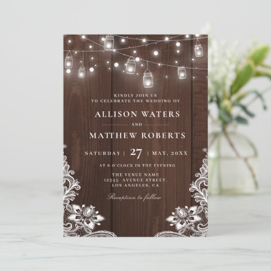 Faire-part de mariage des lumières à cordes rustiq (Debout devant)