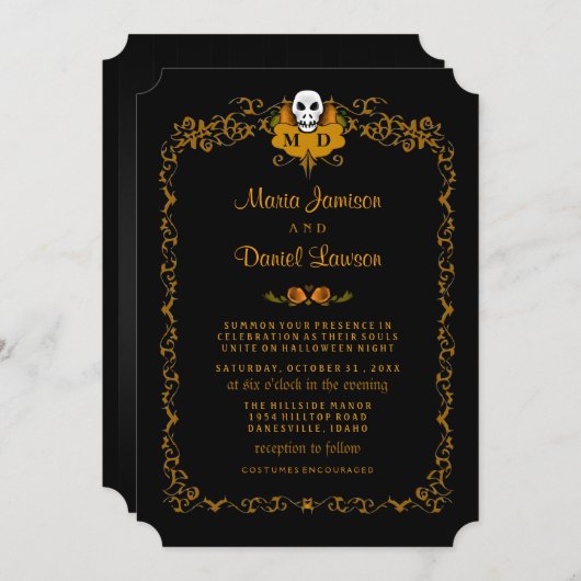 Faire-part de mariage - Design crâne noir et orang (Devant / Derrière)