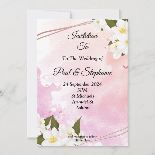 Faire-part de mariage design, rose, fleurs blanche (Devant)