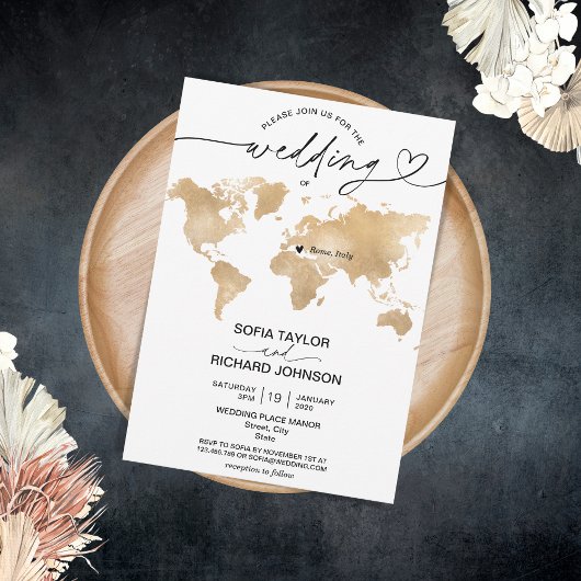 Faire-part de mariage Destination Or Carte du mond