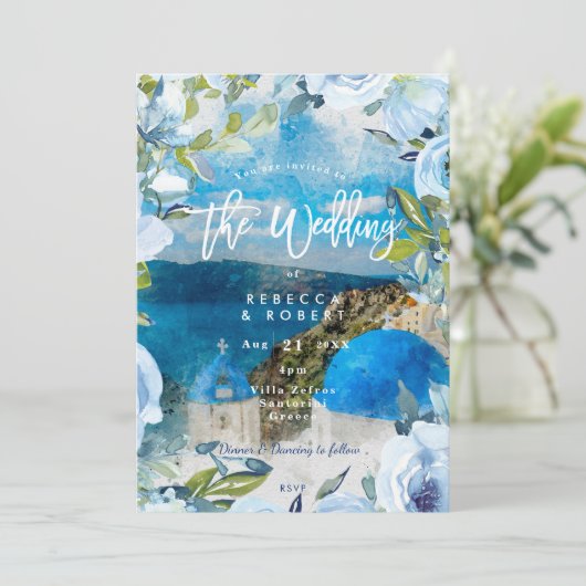 faire-part de mariage d'été fleuri de Santorin Grè (Debout devant)