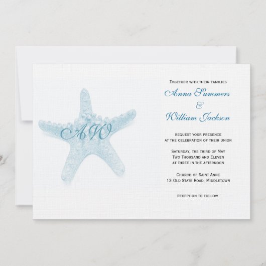 Faire-part de mariage d'étoiles de mer - bleu (Devant)