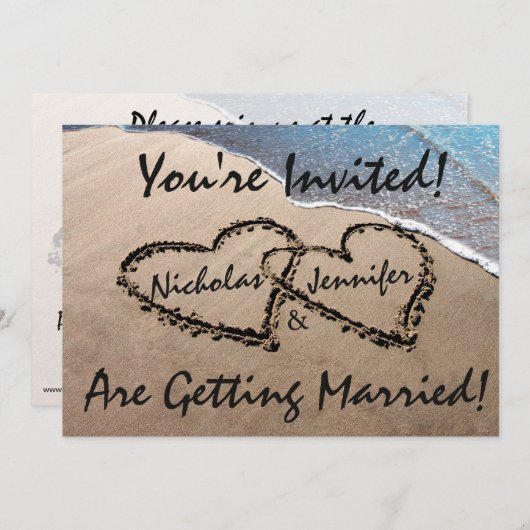 Faire-part de mariage Deux cœurs dans le sable de (Devant / Derrière)