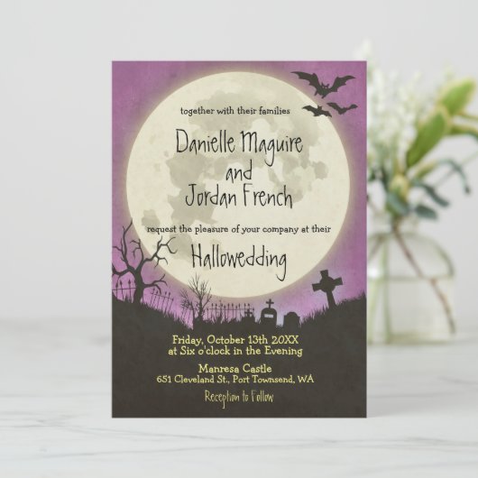 Faire-part de mariage d'Halloween violet avec lune (Debout devant)