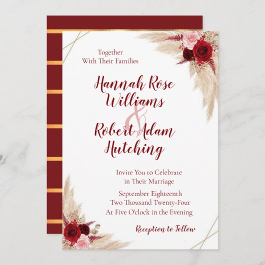 Faire-part de mariage d'herbe Pampas Bourgogne (Devant / Derrière)