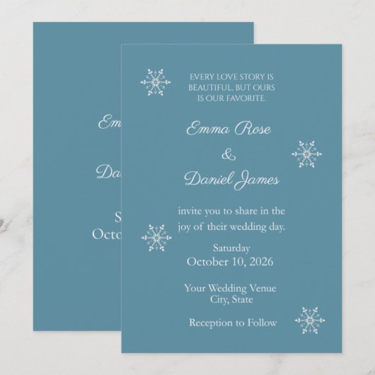 Faire-part de mariage d'hiver flocon de neige bleu (Devant / Derrière)