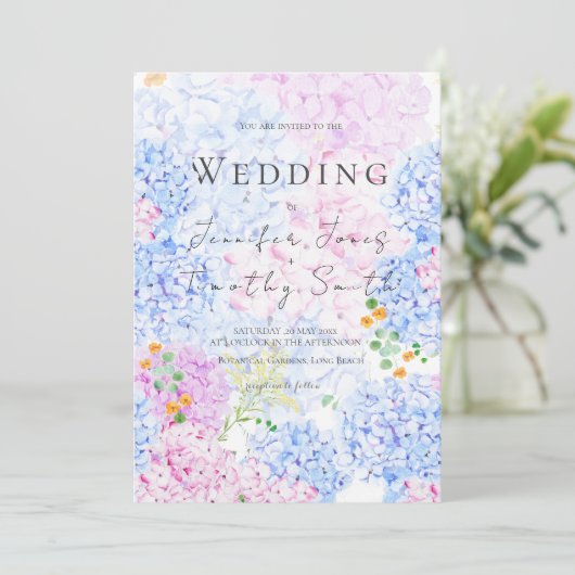 faire-part de mariage d'hydrangée rose et bleu (Debout devant)