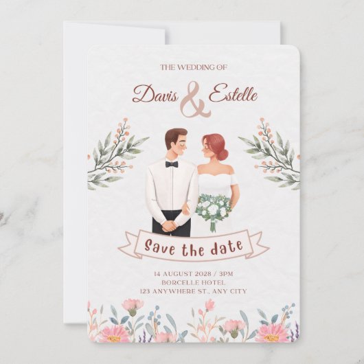 Faire-part de mariage d'illustration florale créat (Devant)