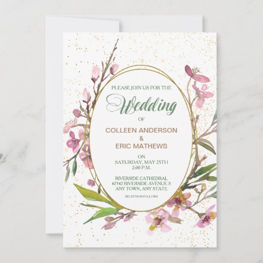 Faire-part de mariage d'image or ovale en fleurs r (Devant)