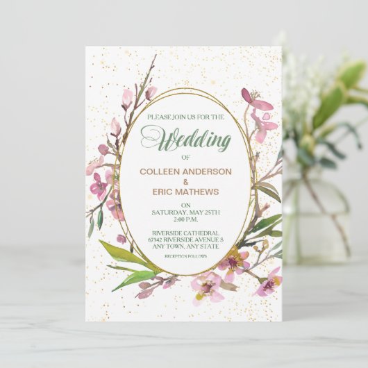 Faire-part de mariage d'image or ovale en fleurs r (Debout devant)