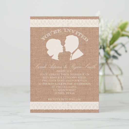 Faire-part de mariage d'impression Burlap & Lace (Debout devant)