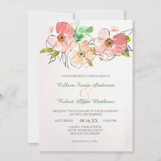 Faire-part de mariage d'impression florale aquarel (Devant)