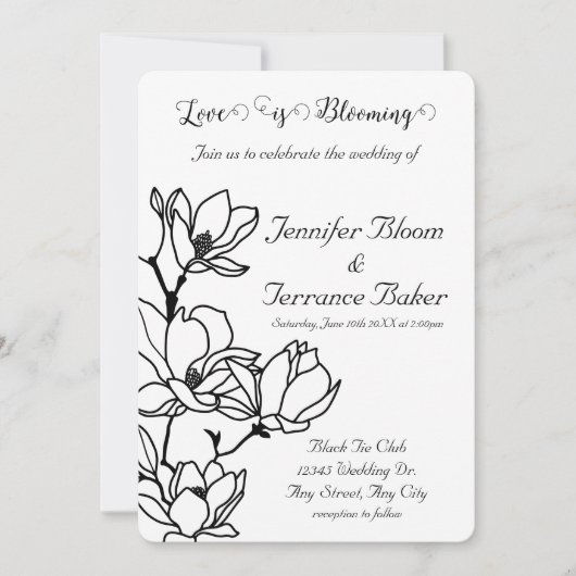 Faire-part de mariage d'impression florale noire (Devant)