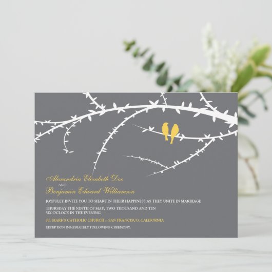 Faire-part de mariage d'inséparables (jaune) (Debout devant)