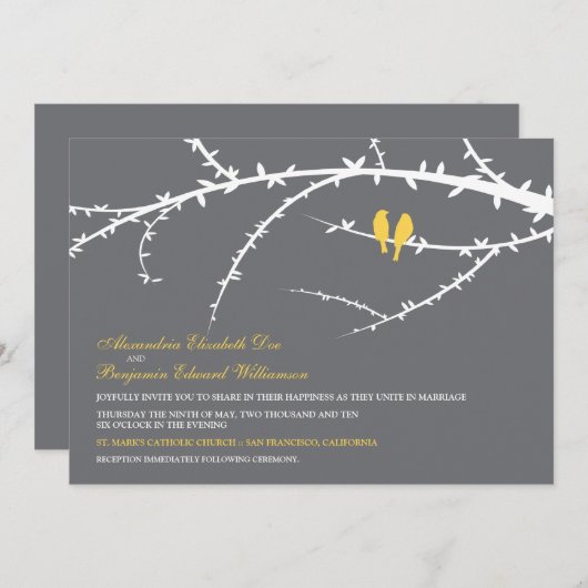 Faire-part de mariage d'inséparables (jaune) (Devant / Derrière)