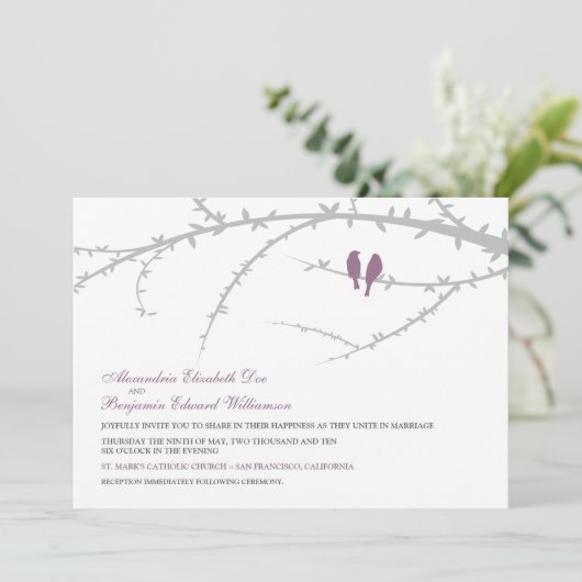 Faire-part de mariage d'inséparables (lavande) (Debout devant)