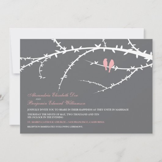 Faire-part de mariage d'inséparables (rose) (Devant)