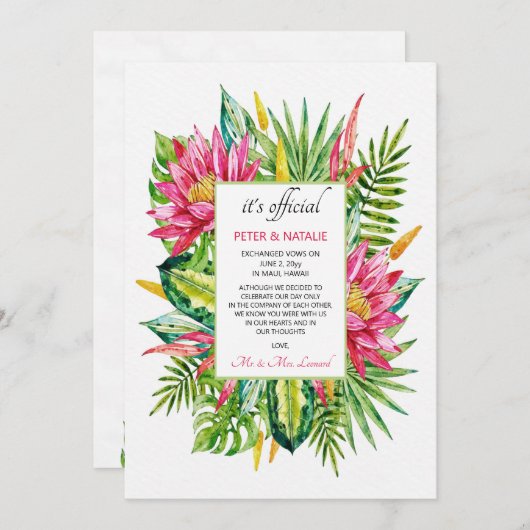 Faire-part de mariage discret sur le thème tropica (Devant / Derrière)