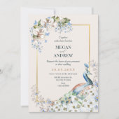 Faire-part de mariage d'oiseau de paon bleu floral (Devant)