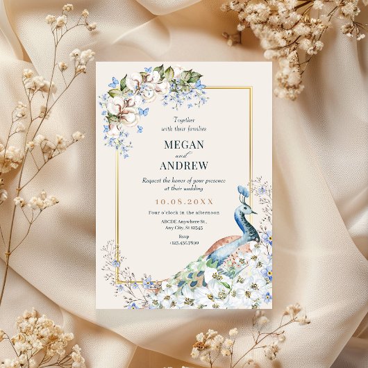 Faire-part de mariage d'oiseau de paon bleu floral