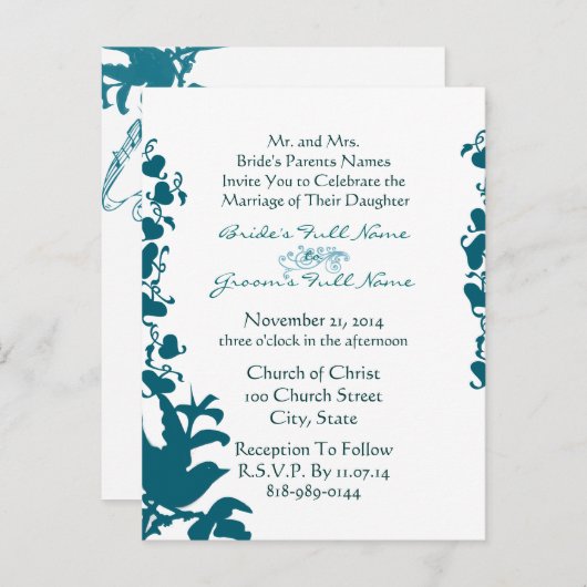 Faire-part de mariage d'oiseaux Fonte bleue sur bl (Devant / Derrière)