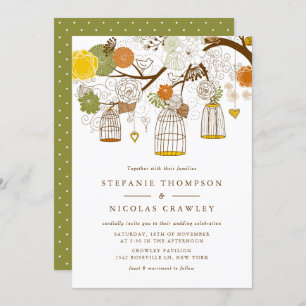 Faire-part de mariage d'oiseaux magenta et jaune