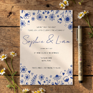 Faire-part de mariage doodle fleur sauvage dessiné