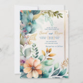 Faire-part de mariage d'or turquoise Peach Floral (Devant)