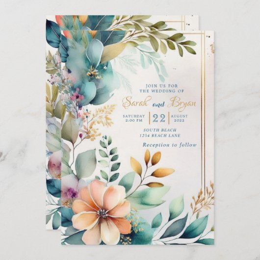Faire-part de mariage d'or turquoise Peach Floral (Devant / Derrière)