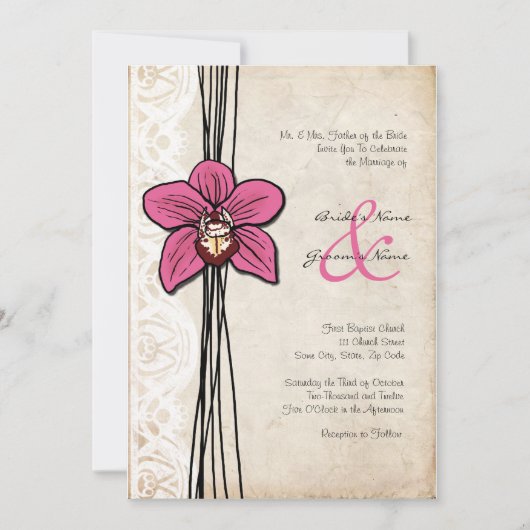 Faire-part de mariage d'orchidée rose Vintage (Devant)