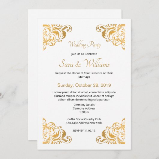 Faire-part de mariage doré (Devant / Derrière)