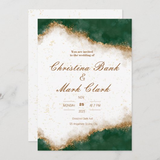 Faire-part de mariage doré et vert (Devant / Derrière)