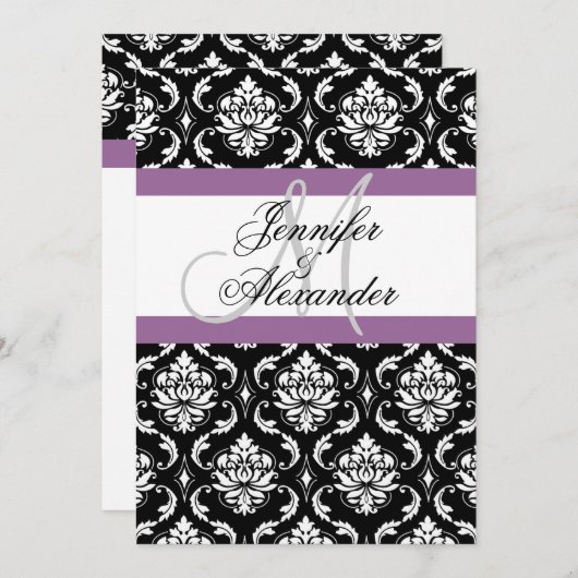 Faire-part de mariage dos damassé violet monogramm (Devant / Derrière)