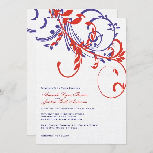 Faire-part de mariage double floral rouge, blanc e (Devant / Derrière)