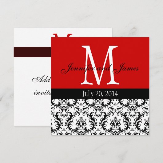Faire-part de mariage du monogramme rouge Damas (Devant / Derrière)
