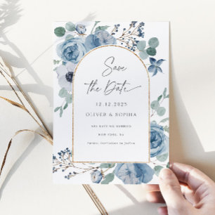 Faire-part de mariage Dusty blue floral gold arch