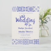 Faire-Part de Mariage Écriture Aquarelle Bleu Blan (Debout devant)