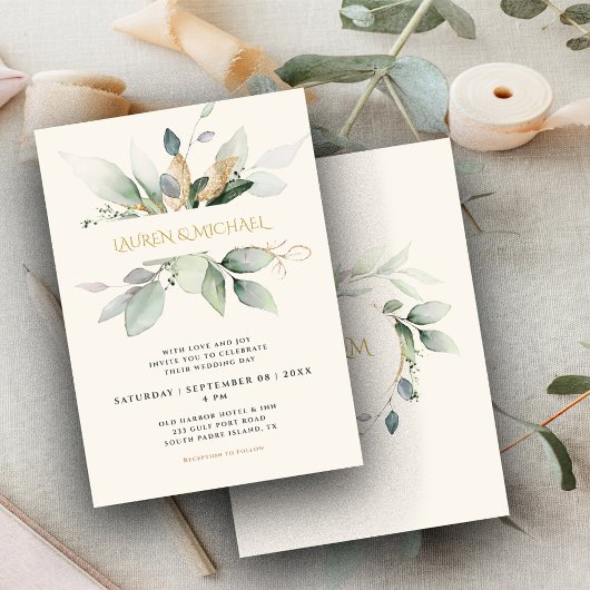 Faire-part de mariage Écru Eucalyptus et Or
