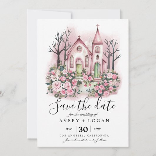 faire-part de mariage église rose aquarelle (Devant)