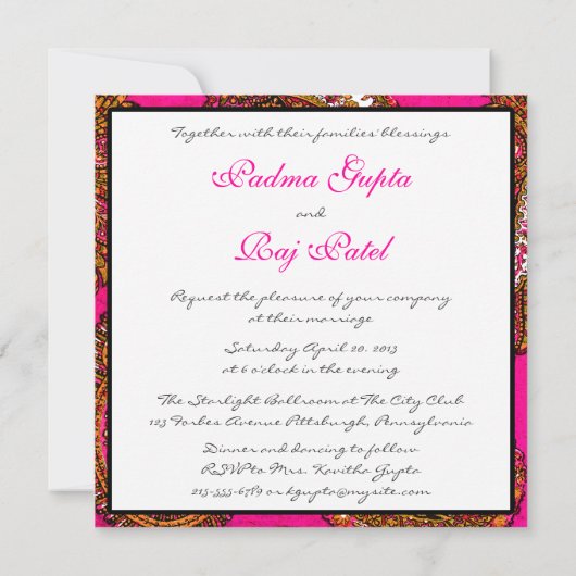 Faire-part de mariage électrique Fuscia Paisley (Dos)