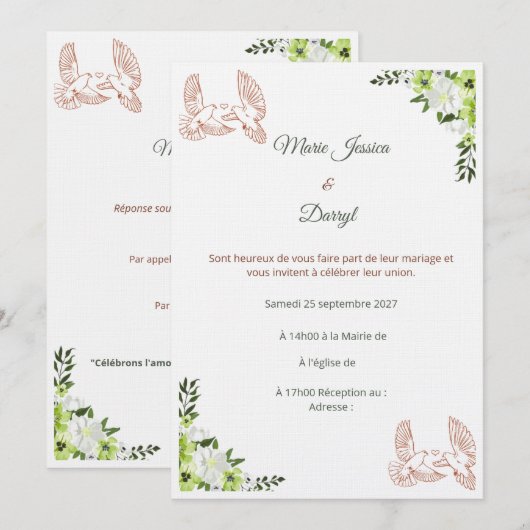 Faire-part de Mariage Élégant  (Devant / Derrière)