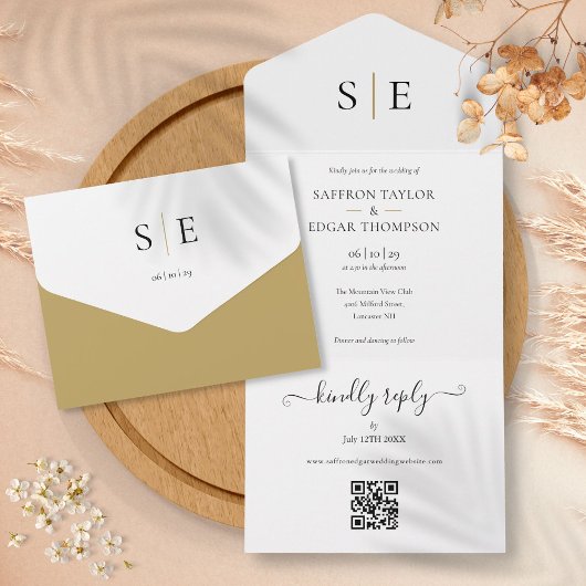 Faire-part de mariage élégant à code QR noir et or