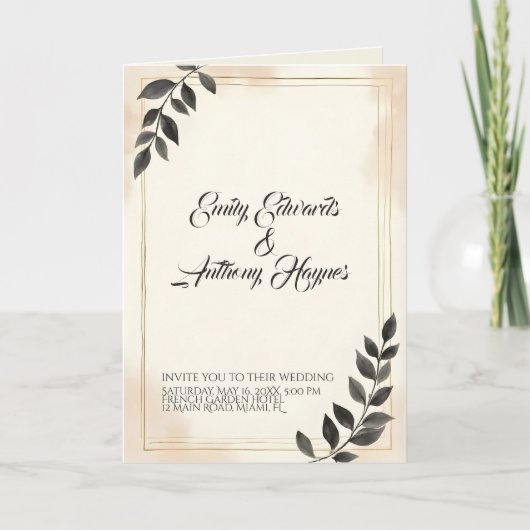 Faire-part de mariage élégant à feuille vert foncé (Devant)
